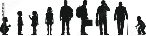 Human life cycle silhouettes from baby to elderly, flat vector illustration for age stages, education, healthcare, and family concepts.