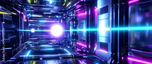 Neon Lit Tunnel with Geometric Structure, Glowing Lines and Light Sphere at the End of Space