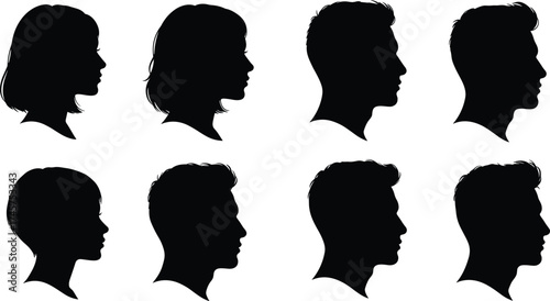 Human profile silhouette set, male and female head icons, black vector illustration, side view, flat design, cad drawing