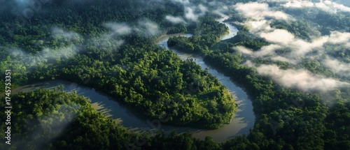 Aerial river view through rainforest landscape with morning fog.