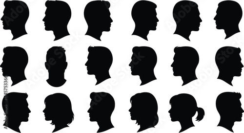 Male and female head silhouettes in profile, flat vector icons for avatars, UI design, identity, diversity, education, and character illustration