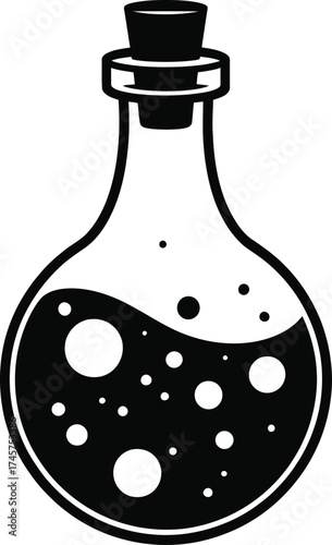 Black potion bottle with cork and bubbles a unique silhouette on transparent background