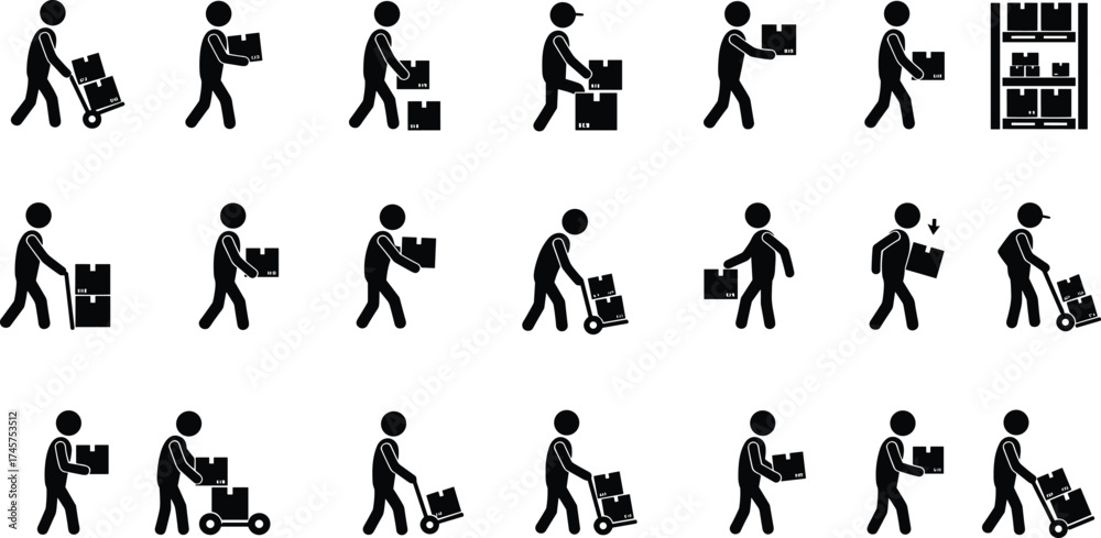 Naklejka premium Warehouse worker silhouettes handling boxes, carts, and shelves, flat vector icons for logistics, delivery, supply chain, e-commerce, and industrial design