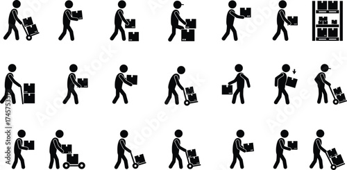 Warehouse worker silhouettes handling boxes, carts, and shelves, flat vector icons for logistics, delivery, supply chain, e-commerce, and industrial design