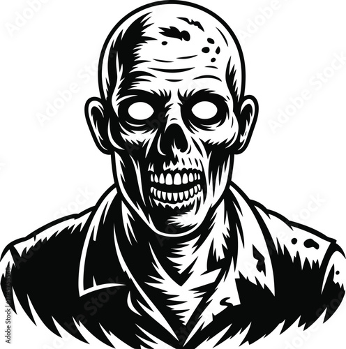 Detailed zombie head illustration in black and white on transparent background silhouette