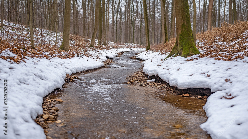 Fototapeta premium Small river stream in early spring forest. Melting snow flows gently, creating a serene, fresh, and natural landscape with vibrant spring ambiance.
