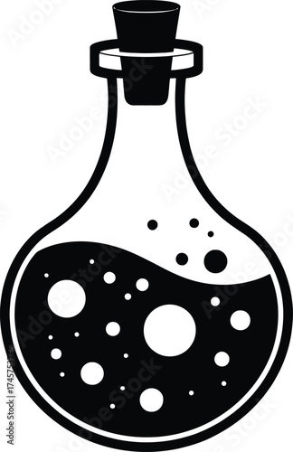Black potion bottle with cork and bubbles isolated on transparent background silhouette