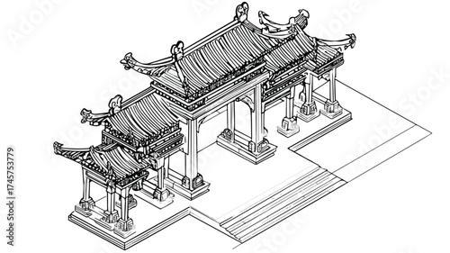 Isometric Illustration of Ancient Chinese Gate on White Background