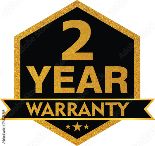 Elegant Gold and Black “2 Year Warranty” Badge – Premium Guarantee Seal Vector Design for Product and Service Certification