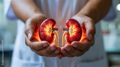 Human kidneys held in hands medical health care organ donation concept
