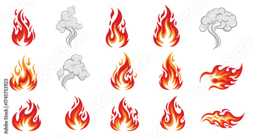Fire and smoke vector icons collection, decorative flames design elements for graphic resources