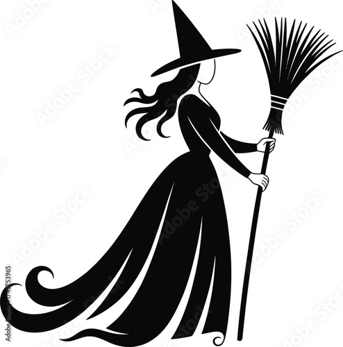 Elegant witch flying on a broom with a flowing gown on transparent background silhouette