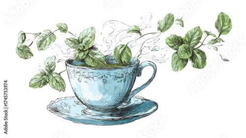 Elegant Aromatic Mint Tea in Delicate Ornate Cup with Saucer and Steam Leaves Vector Illustration