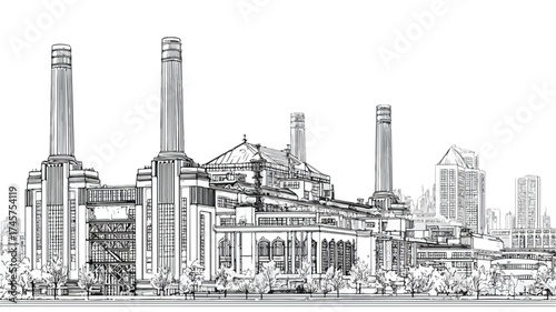 Art Deco Power Station in Industrial Cityscape Retro Style Illustration