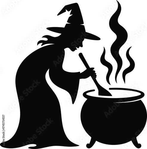 A witch stirring a cauldron with smoke perfect for halloween on transparent background silhouette
