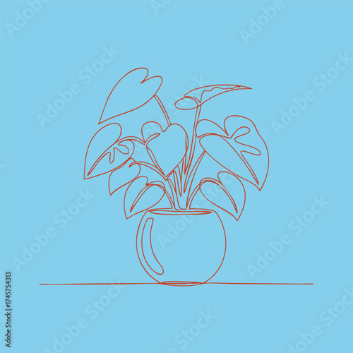 Minimalist Line Drawing of a Potted Plant with Heart-Shaped and Broad Leaves on a Light Blue