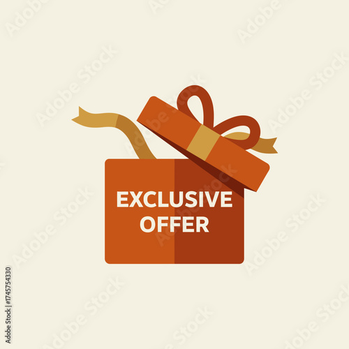 Vector graphic of an open gift box with a festive ribbon, displaying an 'Exclusive Offer' sign. A symbol for special promotions, discounts, and marketing campaigns