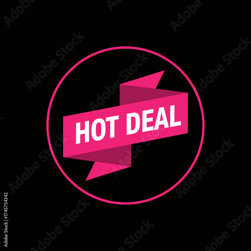 Hot Deal Badge Design with Ribbon Banner and Neon Circle for Promotional Graphics