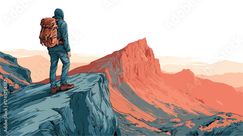 Exploring Nature: Vector Backpacker Hiking Mountain Peak Adventure