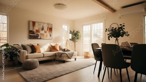 Bright living room interior with neutral colors, featuring a sofa, natural light and wooden elements. The space has a cozy and welcoming atmosphere, perfect for relaxation.