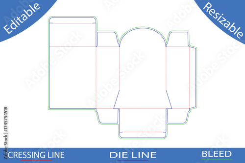 Die cut template for a box with a rounded top flap