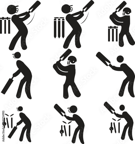 Cricket sports silhouette bundle showing dynamic movements like swing, throw, catch, and wicket impact, bold minimal shapes, black and white color scheme, clean vector icon set