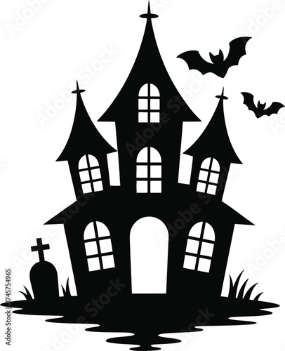 Spooky haunted house with bats and a graveyard on transparent background silhouette