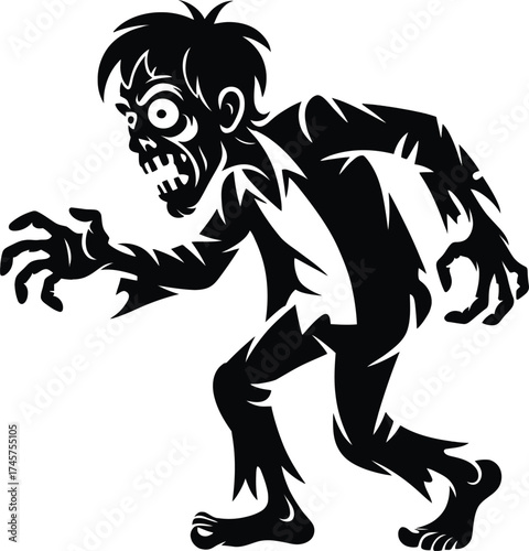 Creepy zombie illustration with outstretched arms a menacing gaze on transparent background silhouette