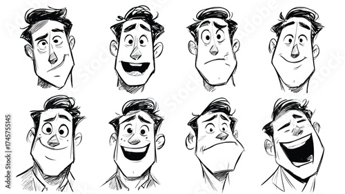 Cartoon Man Faces: Happy, Smiling, Laughing, Sad Expressions Vector Illustration
