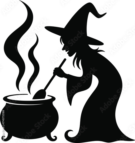 A mysterious witch stirring a cauldron with smoke on transparent background silhouette