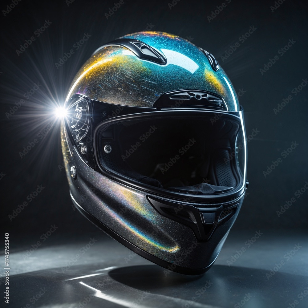 Fototapeta premium Futuristic Motorcycle Helmet with Iridescent Finish and Lens Flare