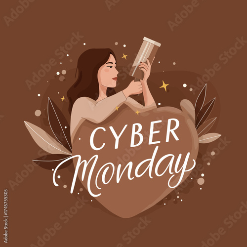 A beautiful woman searches for online shopping deals with a spyglass in this conceptual illustration for a digital sales event