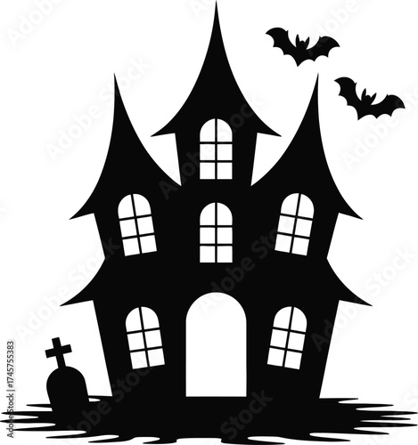 Spooky haunted house with bats and graveyard on transparent background silhouette