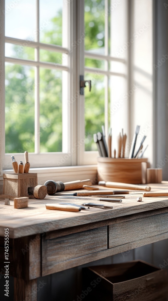 Fototapeta premium Woodworking Tools on Workbench by Window