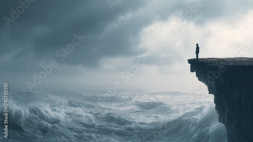 failure crisis concept and lost business career education opportunity lonely young man on a rock cliff island surrounded by an ocean storm waves  no logos no brands ar 169