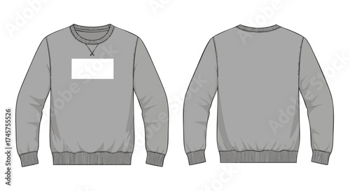 Front and back view of a grey crewneck sweatshirt with a blank rectangular label