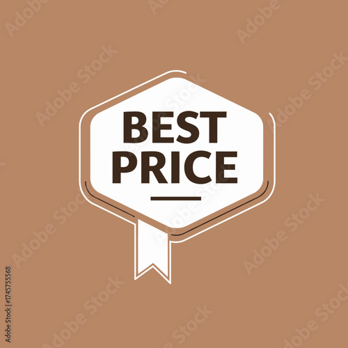 Vector illustration of a modern line art badge with 'Best Price' text, a promotional label icon with a hexagonal shape and ribbon for sales and special offers