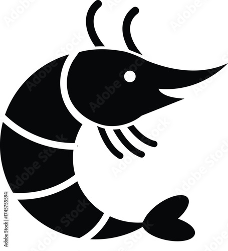 Smiling Curled Shrimp or Prawn Silhouette Icon, Simple Minimalist Seafood Mascot Logo in Black and White