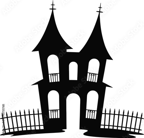 Creepy haunted house with fence and towers on transparent background silhouette