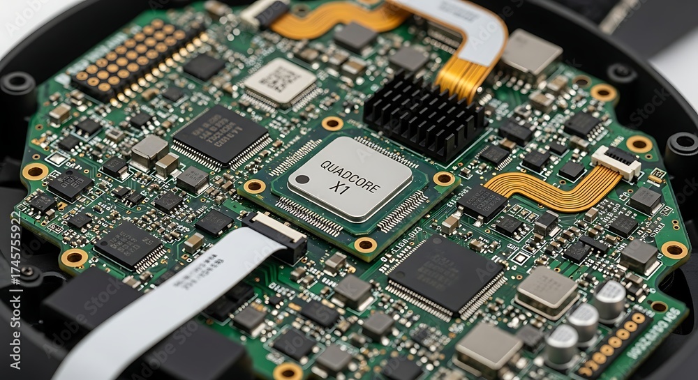 Obraz premium Intricate electronic circuit board with a central processor and various components for advanced technology devices