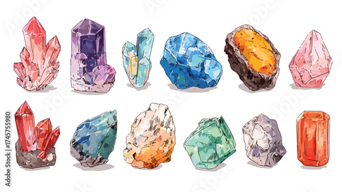Vibrant Gemstones, Crystals, Rocks, Minerals Collection Vector Illustration