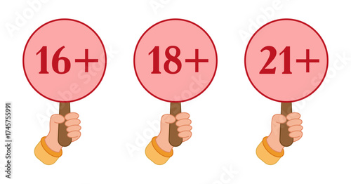 Age limit icons. Only Adult content after 16, 18, 21 plus years icon. Sensitive content, adults only. Signs in a flat style. EPS 10. Vector illustrations