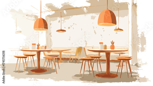 Cozy Cafe Interior with Round Table, Wooden Stools, and Warm Lighting