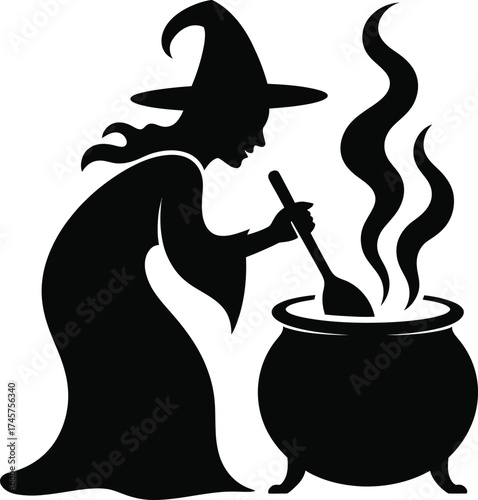 A spooky witch stirring a cauldron perfect for halloween on transparent background silhouette