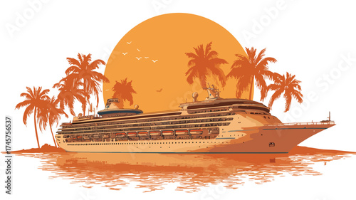 Luxurious Cruise Ship Sailing at Stunning Orange Sunset on Ocean Vacation