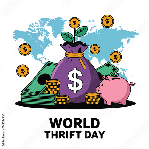Vector art of world thrift day concept with money bag, coins, banknotes, piggy bank and world map illustration