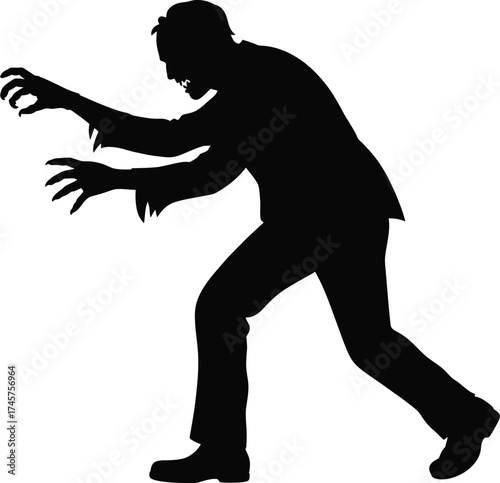Dynamic zombie reaching with outstretched arms on transparent background silhouette