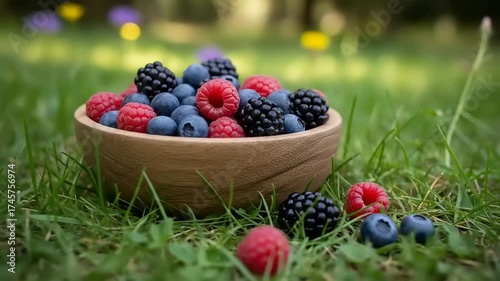 Vibrant assortment of fresh summer berries glistening with morning dew drops in a rustic outdoor setting with golden sunlight