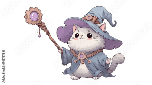 Enchanting Cute Cartoon Cat Wizard in Magical Fantasy Gear Illustration