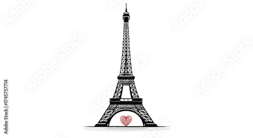 Elegant black and white vector illustration of the Eiffel Tower with a single vibrant red heart, a symbol of love in Paris